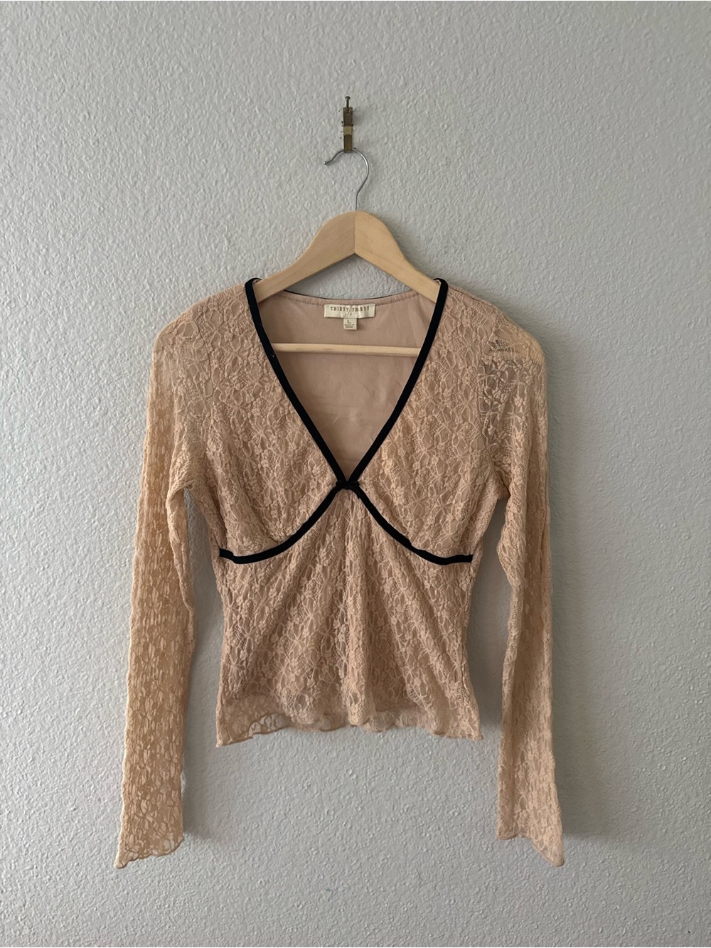 Y2K Cream Blush Lace Top with Black Velvet Trim